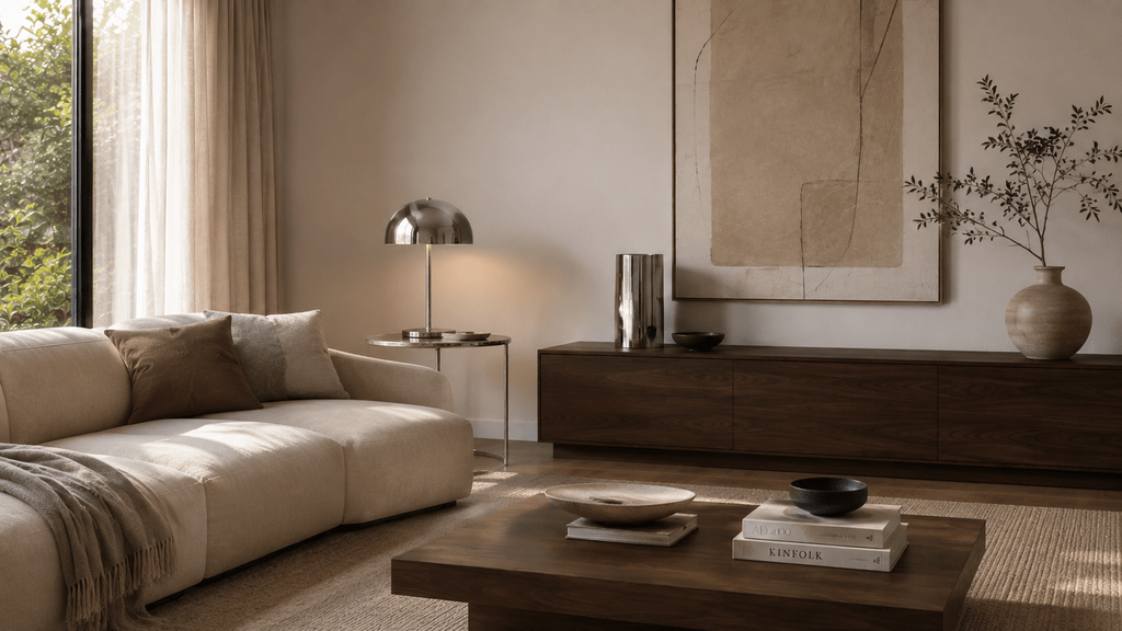 Minimalistisches Wohnzimmer mit beigefarbenem Sofa, dunklen Holzmöbeln, Chromlampe und silbernem Beistelltisch als dezente glänzende Akzente.
