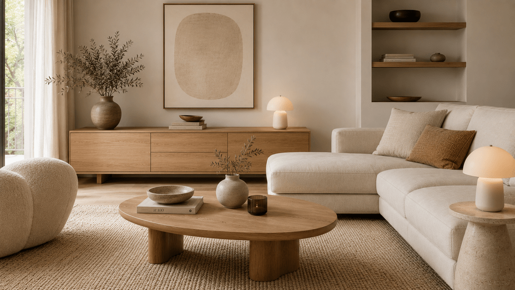 Minimalistisches Wohnzimmer mit beigefarbenem Sofa, dunklen Holzmöbeln, Chromlampe und silbernem Beistelltisch als dezente glänzende Akzente.