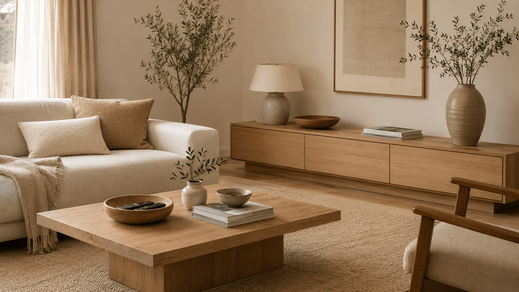 Minimalistisches Wohnzimmer mit geordneten Kleinteilen in einer Holzschale, gestapelten Zeitschriften und bewusst frei gelassenen Flächen.