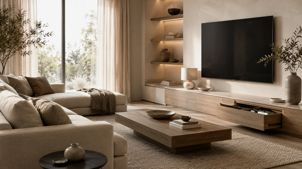 Minimalistisches Wohnzimmer mit wandmontiertem Fernseher, versteckten Kabeln, niedrigem Holz-Sideboard und Schublade für Ladekabel und Zubehör.