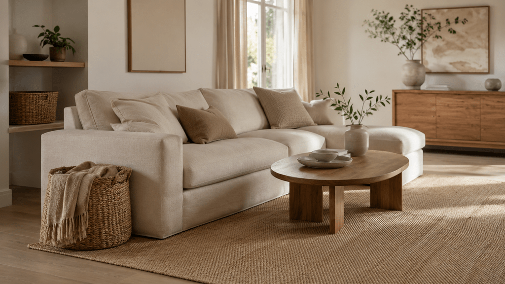 Minimalistisches Wohnzimmer in warmen Naturtönen mit großem Seegraskorb für Decken neben dem Sofa, zusätzlichem Korb im Regal, hellem Holz, Leinenvorhängen und wenigen ausgewählten Deko-Elementen.