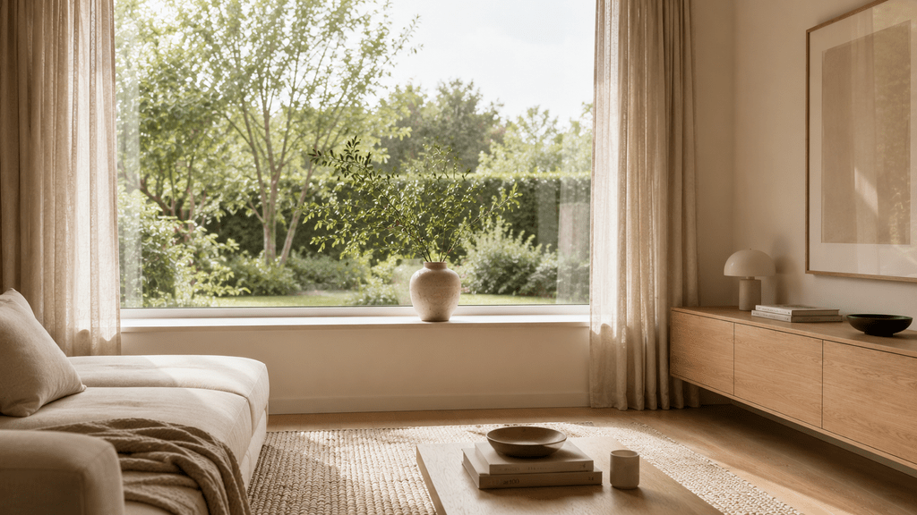 Minimalistisches Wohnzimmer mit breiter, fast leerer Fensterbank, einzelner großer Vase mit Zweigen und viel einfallendem Tageslicht.