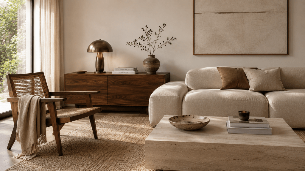 Minimalistisches Wohnzimmer mit modernem beigefarbenem Sofa, altem Holzstuhl und Vintage-Lampe auf einem dunklen Sideboard.