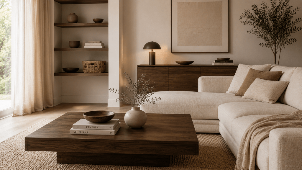 Minimalistisches Wohnzimmer in Creme und Beige mit großem Couchtisch und Sideboard aus dunklem Walnussholz, hellem Sofa, natürlichen Textilien und wenigen warmen braunen Akzenten.