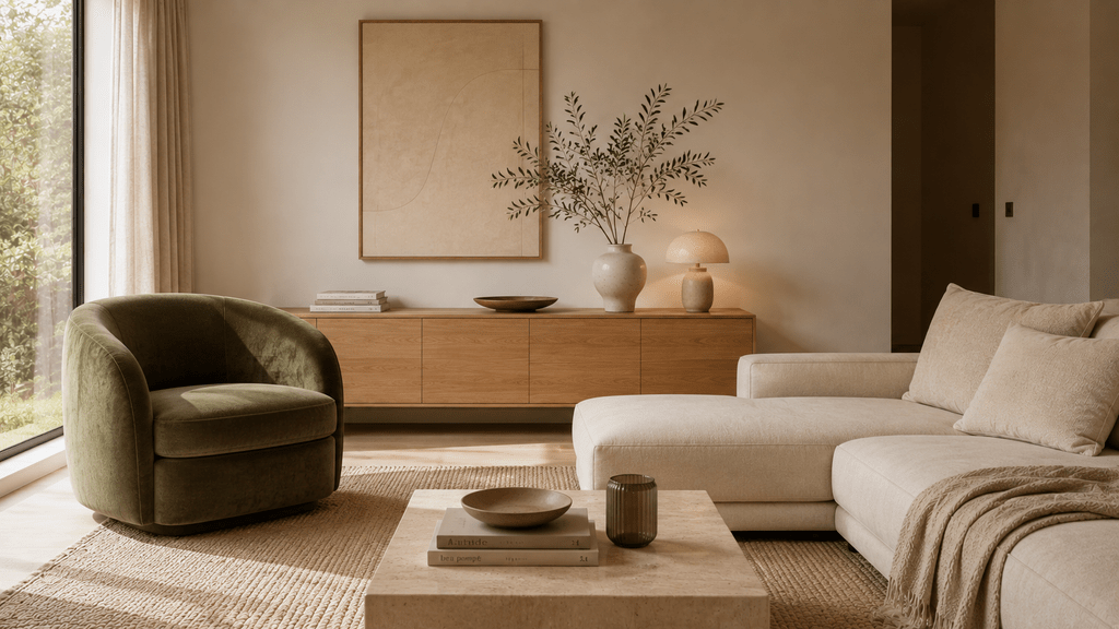 Minimalistisches Wohnzimmer in Creme und Holz mit olivgrünem Sessel als einzigem starken Farbakzent.
