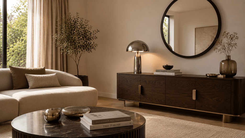 Minimalistisches Wohnzimmer mit rundem Spiegel, dunklem Holz-Sideboard und eleganter Chromlampe als dezente Neo-Deco-Akzente.