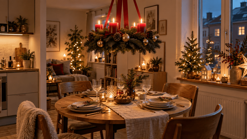 Kleine festlich dekorierte Wohnung mit schwebendem Adventskranz aus Tannengrün, roten Kerzen, goldenen Kugeln und Zapfen über einem gedeckten Holztisch.