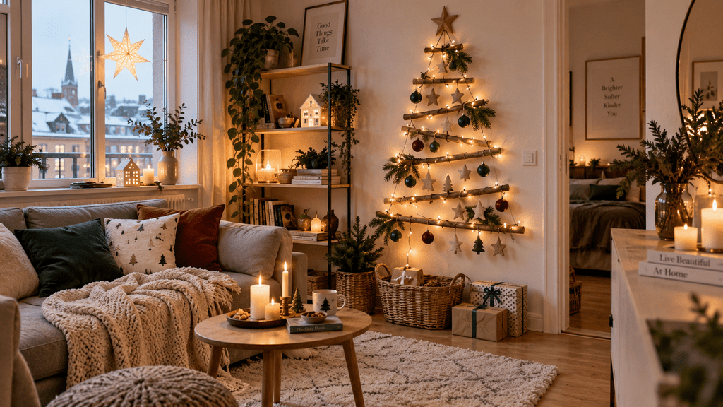 Gemütliches kleines Wohnzimmer mit platzsparendem DIY-Weihnachtsbaum aus Holzästen an der Wand, dekoriert mit Lichterkette, Tannengrün, Kugeln und Filzsternen.
