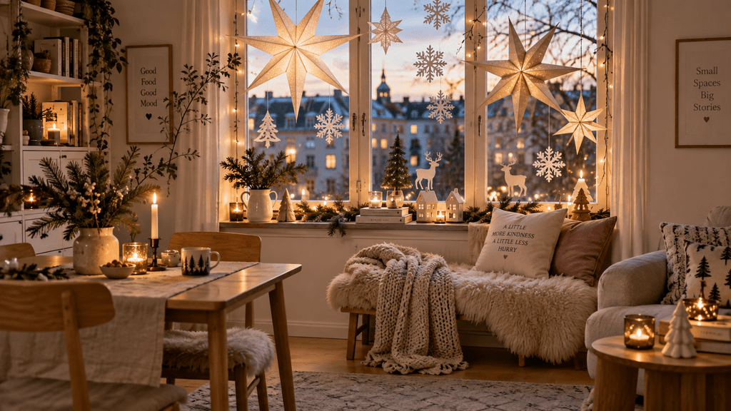 Gemütliche kleine Wohnung mit winterlich dekoriertem Fenster, leuchtenden Papiersternen, Schneeflocken, Tannen- und Rentiermotiven, warmweißer Lichterkette, Kerzen und Tannengrün in skandinavischer Weihnachtsstimmung.