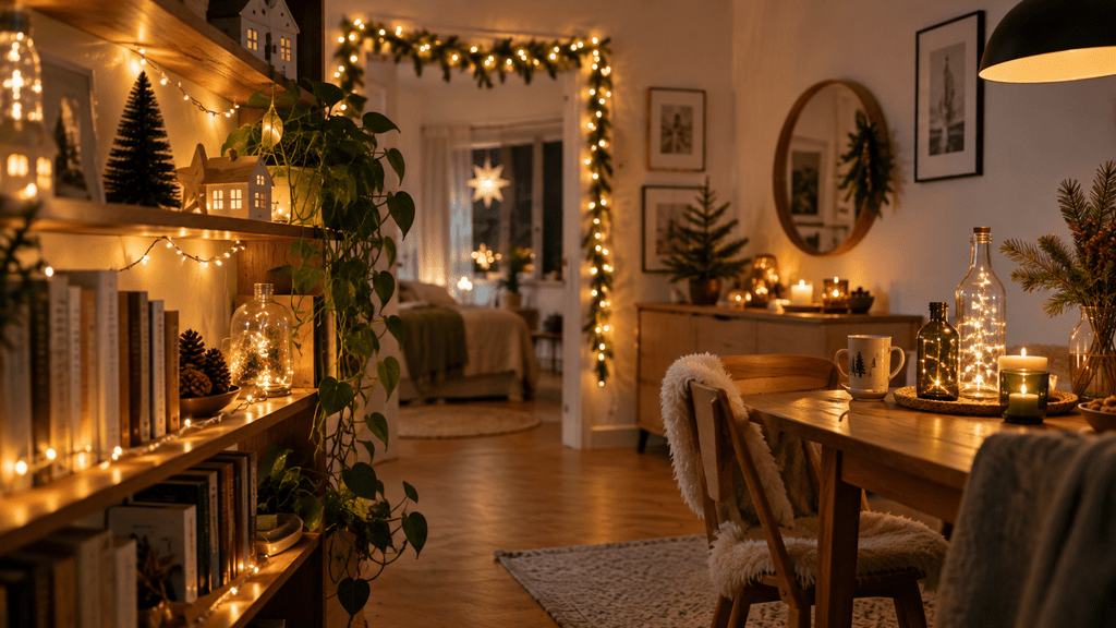 Kleines gemütliches Wohnzimmer mit warmweißen Lichterketten an Regal und Türbogen sowie leuchtenden Glasflaschen und dezenter Weihnachtsdeko.