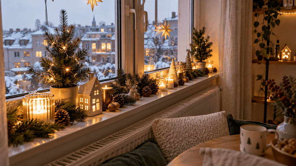 Weihnachtlich dekorierte Fensterbank in einer kleinen Wohnung mit Kerzen im Glas, Tannenzweigen, kleinen Tannenbäumen, Zapfen und leuchtenden Porzellanhäusern.