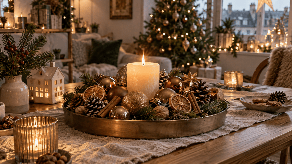 Festliche Weihnachtsschale auf einem Holztisch mit goldenen und kupferfarbenen Kugeln, Tannenzweigen, Zapfen, Zimtstangen, getrockneten Orangenscheiben, Nüssen und einer leuchtenden Kerze in einer gemütlich dekorierten kleinen Wohnung.