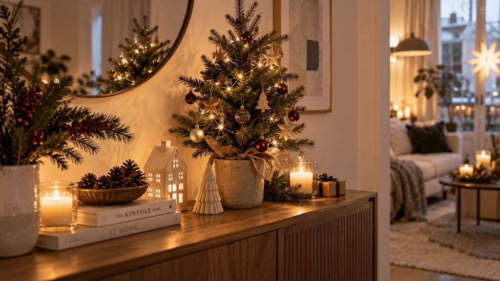 Kleine geschmückte Tanne im Topf auf einem Holz-Sideboard mit Lichterkette, kleinen Kugeln, Holzanhängern, Kerzen und natürlicher Weihnachtsdeko.