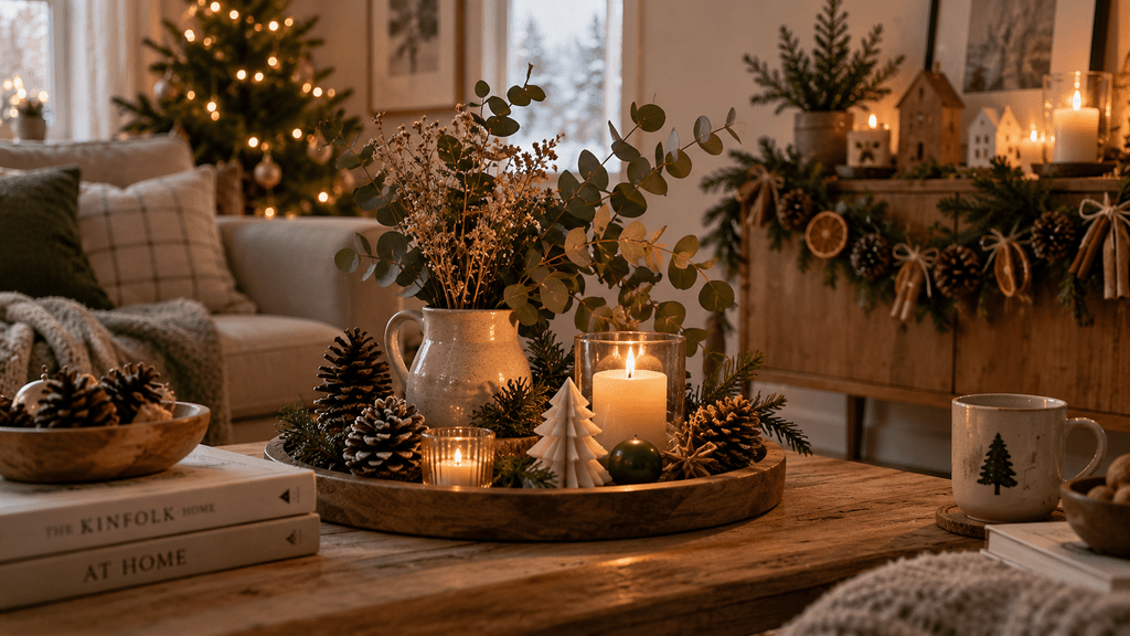 Gemütliche Weihnachtsdeko in kleiner Wohnung mit Tannenzapfen, Eukalyptus, Tannengrün, Trockenblumen und Kerzen auf einem Holztisch sowie natürlicher Girlande am Sideboard.
