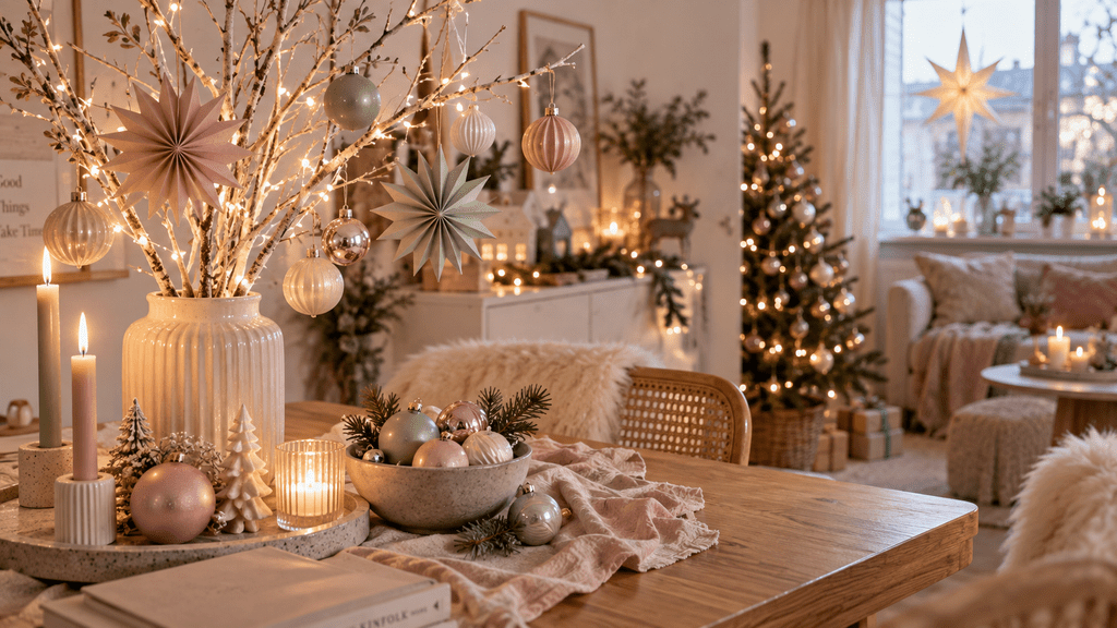 Weihnachtsdeko in zarten Pastelltönen mit rosa, cremefarbenen und mintgrünen Kugeln, Papiersternen, Lichterketten und Kerzen in einer kleinen gemütlichen Wohnung.