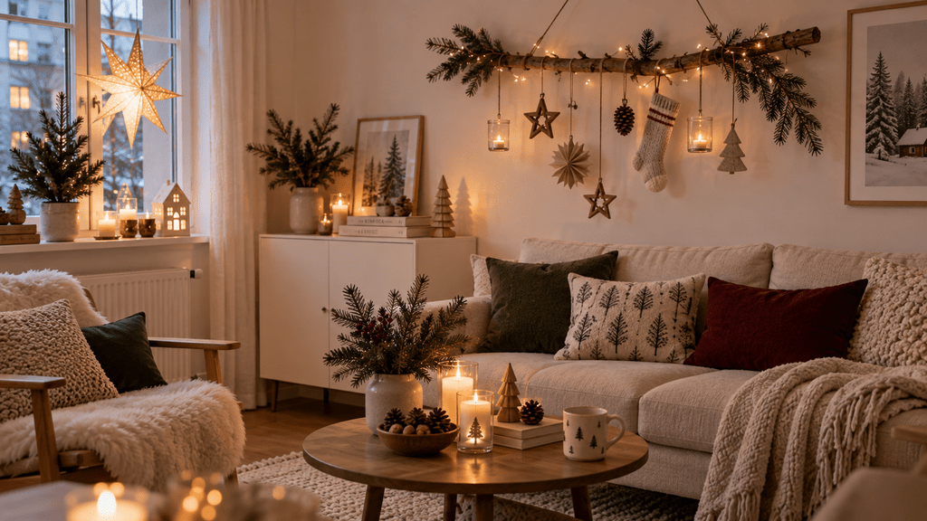 Skandinavisch weihnachtlich dekoriertes Wohnzimmer mit hellem Sofa, Holzdetails, kuscheligen Textilien, Tannengrün und einem dekorierten Ast mit Holzsternen und kleinen Teelichtern.