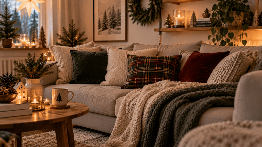 Gemütliches kleines Wohnzimmer mit cremefarbenem Sofa, karierten Weihnachtskissen, Samtkissen und flauschigen Strickdecken in warmen Grün-, Rot- und Cremetönen.