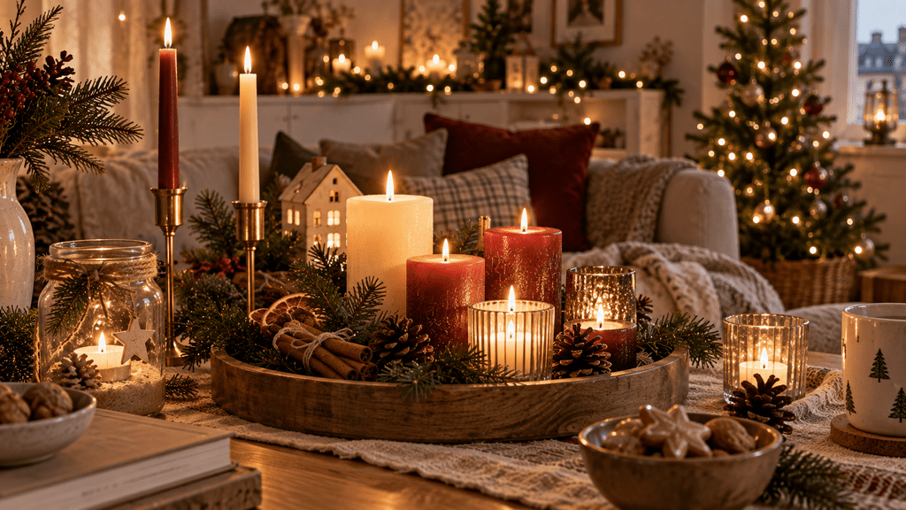 Gemütliche Weihnachtsdeko mit roten und cremefarbenen Kerzen, Windlichtern im Glas, Messing-Kerzenhaltern, Tannenzweigen, Zapfen und Zimtstangen in einer kleinen festlich beleuchteten Wohnung.
