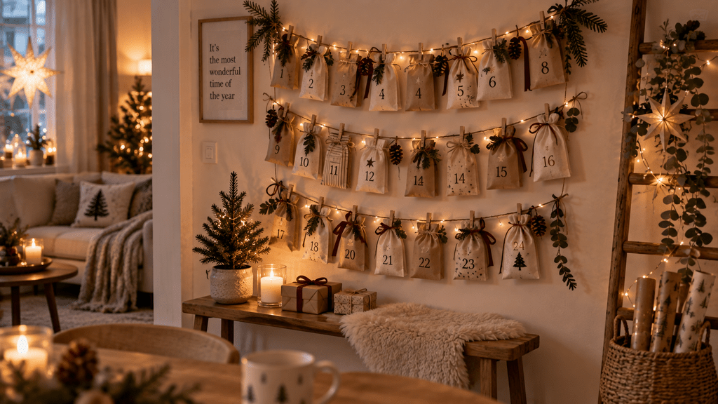 Kreativer Adventskalender aus kleinen Papier- und Stoffsäckchen an Schnüren, dekoriert mit Tannenzweigen, Schleifen und Lichterketten in einer kleinen weihnachtlichen Wohnung.
