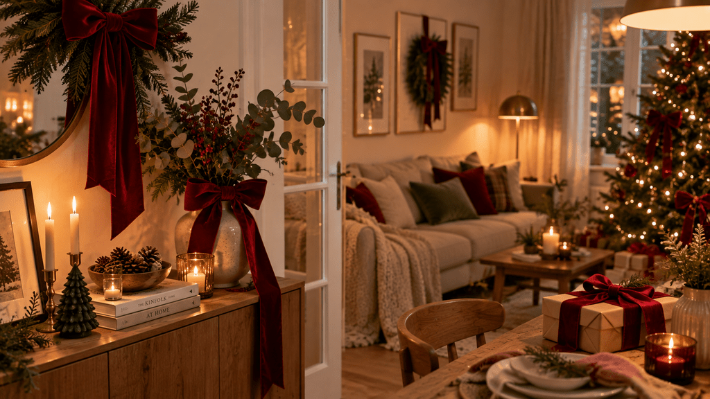 Kleine gemütliche Wohnung mit festlicher Weihnachtsdeko aus großen roten Samtschleifen an Kranz, Vase, Geschenken und Weihnachtsbaum, kombiniert mit Tannengrün, Kerzenlicht und warmen Naturtönen.