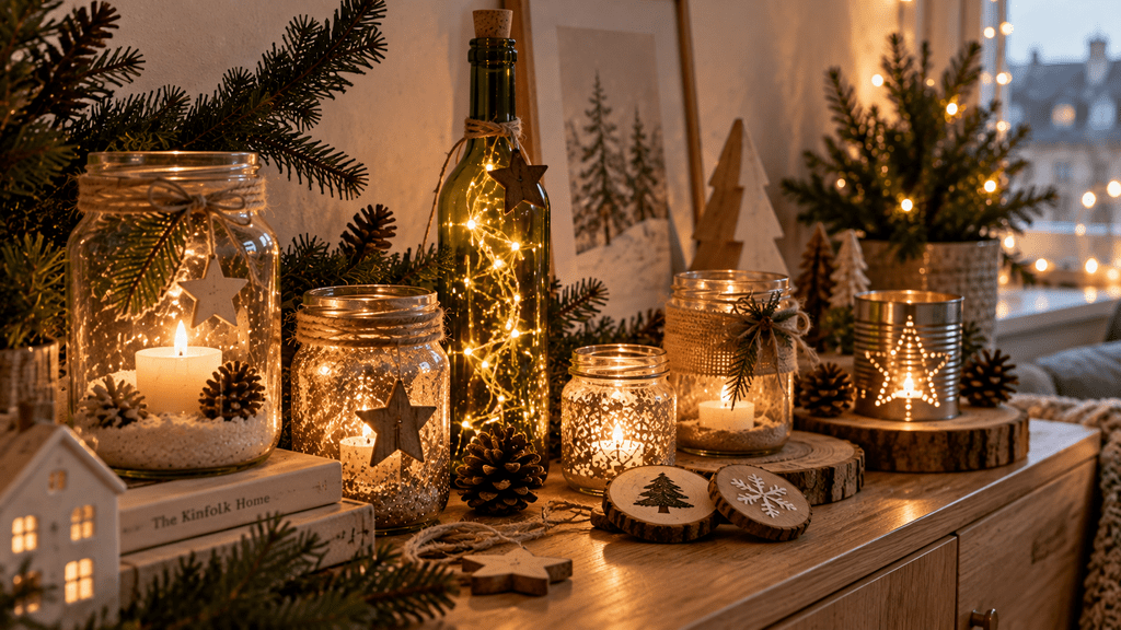 Upcycling-Weihnachtsdeko auf einem Holzsideboard mit leuchtenden Einmachgläsern, einer Flasche mit Lichterkette, Teelichtern, Holzscheiben-Anhängern, Tannenzweigen und Zapfen in einer kleinen gemütlichen Wohnung.