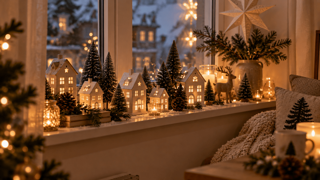 Gemütliche Fensterbank in kleiner Wohnung mit leuchtenden weißen Mini-Lichthäusern, kleinen Tannenbäumchen, Kunstschnee, Kerzen und Tannenzweigen vor winterlicher Kulisse.
