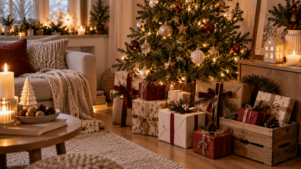 Dekorativ gestapelte Weihnachtsgeschenke in Naturtönen, Creme und Rot mit Jute- und Samtbändern, Tannenzweigen und Holzkisten neben einem festlich geschmückten Weihnachtsbaum in einer kleinen gemütlichen Wohnung.