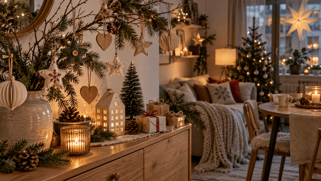 Selbstgemachte Weihnachtsanhänger aus Filz, Holz und Papier an Tannenzweigen in einer gemütlich dekorierten kleinen Wohnung mit Kerzen, Geschenken und warmem Lichterglanz.
