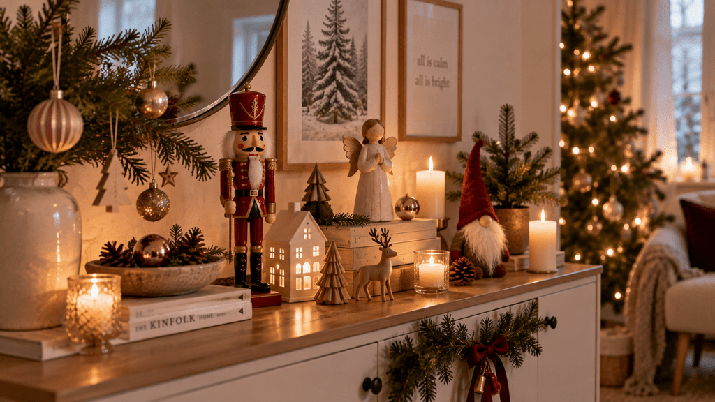 Nostalgische Weihnachtsdeko auf einem Sideboard mit Nussknacker, Engel, rotem Wichtel, Holzrentier, Kerzen, Tannenzweigen und rosa-goldenen Christbaumkugeln.