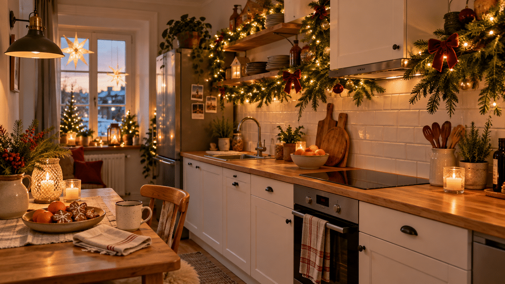Kleine weihnachtlich dekorierte Küche mit grünen Tannengirlanden, warmweißen Lichterketten, roten Schleifen und goldenen Christbaumkugeln.