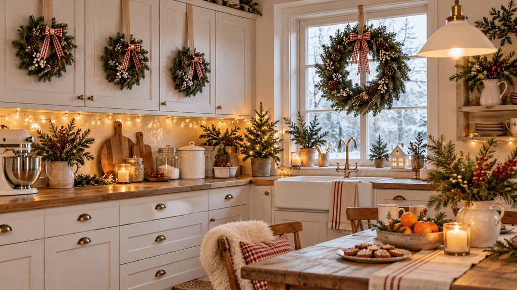 Weihnachtlich dekorierte Küche mit kleinen Tannenkränzen an den Schranktüren und einem großen Kranz am Fenster, verziert mit Tannenzapfen, weißen Beeren und rot-weiß karierten Schleifen.