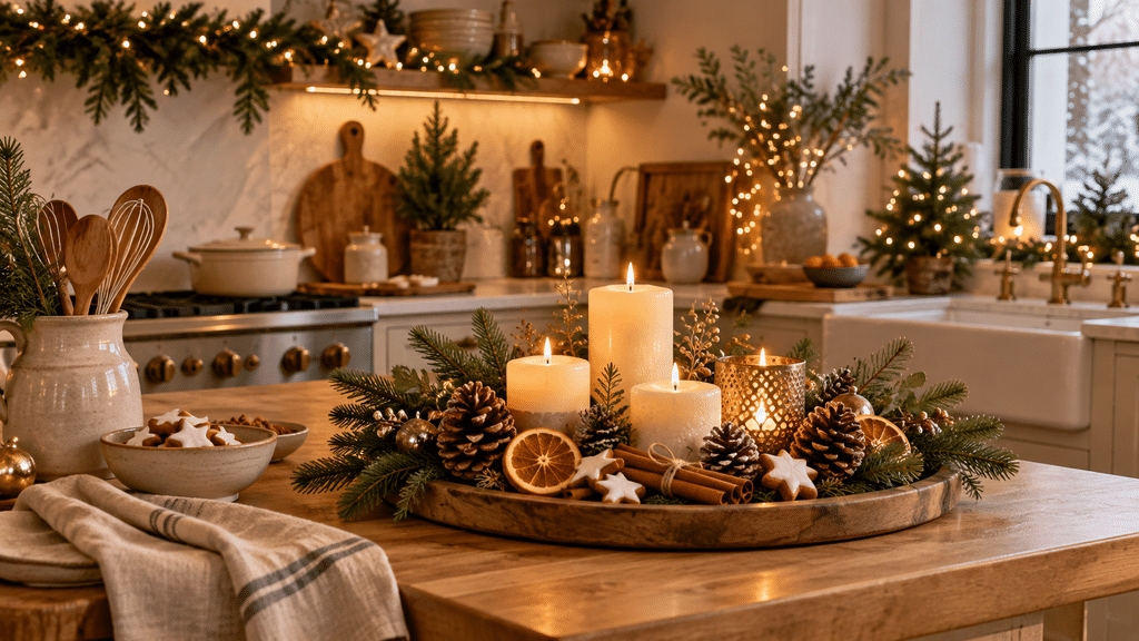 Weihnachtlich dekorierte Küche mit Kerzen auf einem Holztablett, Tannengrün, Tannenzapfen, Zimtstangen und getrockneten Orangenscheiben, ergänzt durch warme Lichterketten und goldene Akzente.