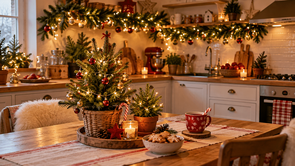 Weihnachtlich dekorierte Küche mit zwei Mini-Tannenbäumchen auf dem Holztisch, warmweißen LED-Lichtern, roten und goldenen Christbaumkugeln, Zuckerstangen und festlicher Girlande.