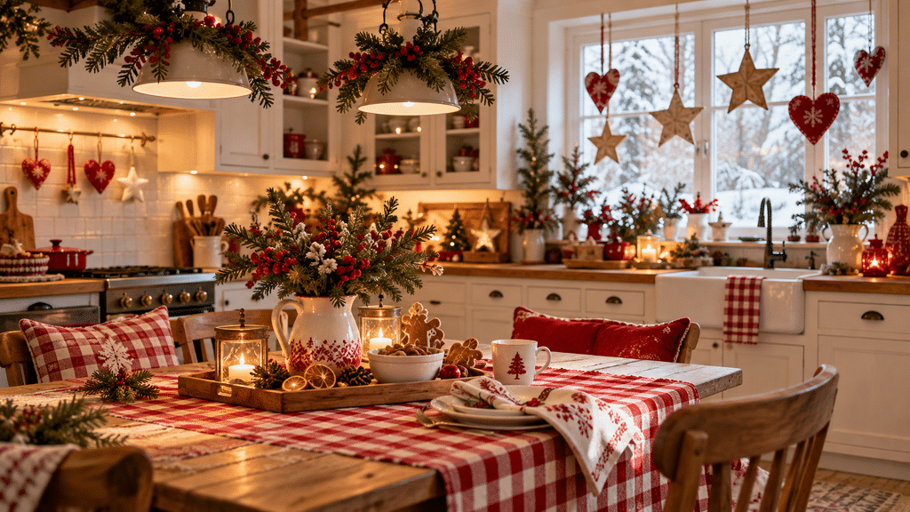 Weihnachtlich dekorierte Landhausküche in Rot und Weiß mit karierter Tischdecke, roten Kissen, weißer Keramik, Holztablett, Tannengrün, getrockneten Orangenscheiben sowie Stern- und Herzanhängern am Fenster.