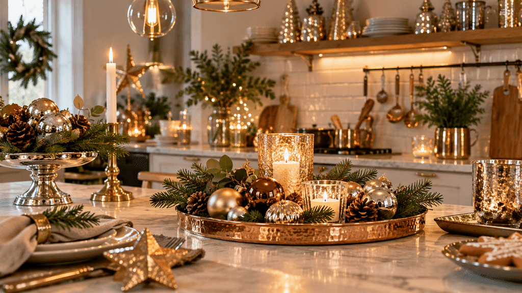 Festlich dekorierte Weihnachtsküche mit Kupfer-Tablett, goldenen und silbernen Christbaumkugeln, Kerzenhaltern aus Messing, Tannengrün und warmem Kerzenlicht.