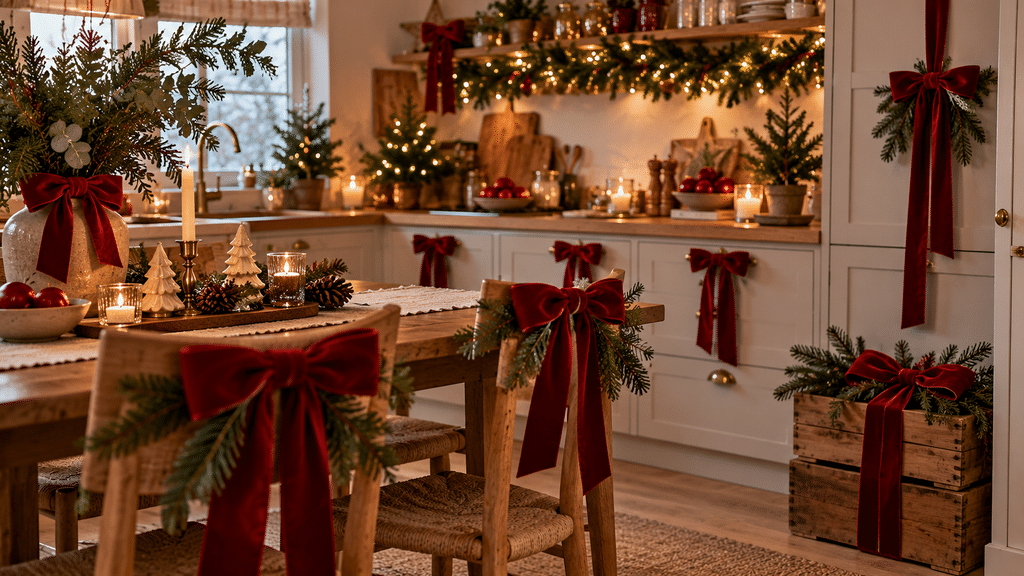 Weihnachtlich dekorierte Küche mit großen roten Samtschleifen an Stühlen und Schrankgriffen, Tannengrün, Kerzen und gestapelten Holzkisten mit festlichen Bändern.