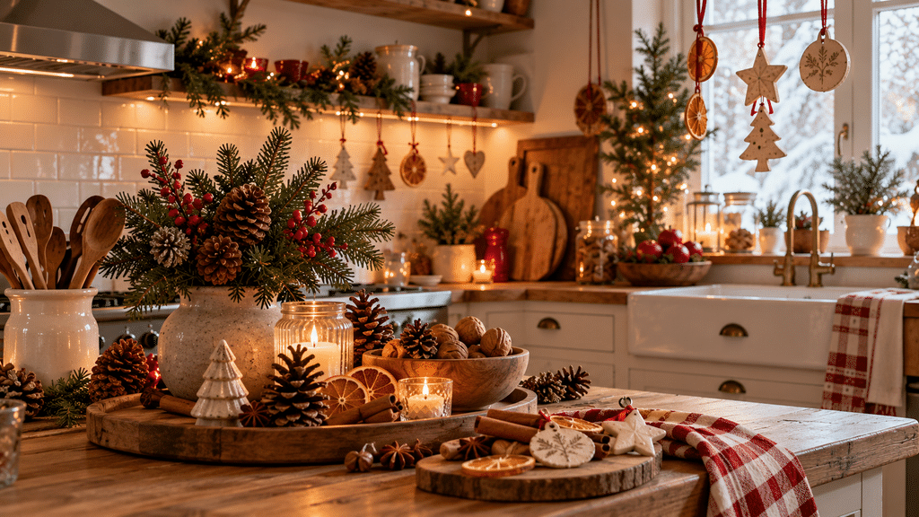 Weihnachtlich dekorierte Küche mit natürlichen Materialien wie Tannenzapfen, Walnüssen, Zimtstangen, getrockneten Orangenscheiben, Tannengrün sowie selbstgemachten Holz- und Salzteiganhängern.