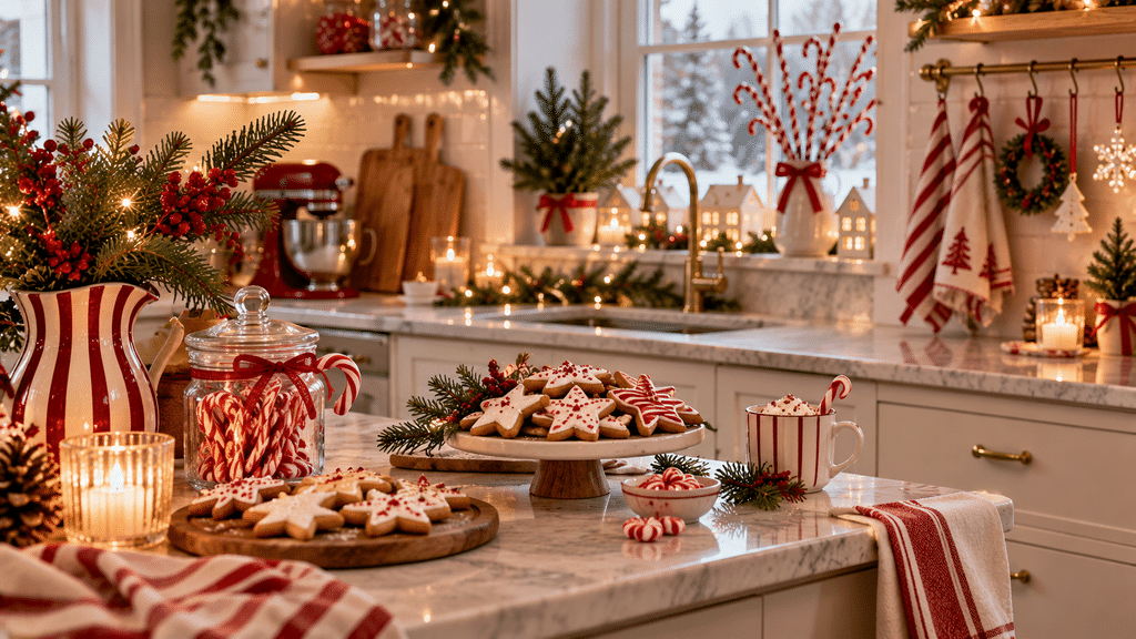 Weihnachtlich dekorierte Küche mit rot-weißen Candy-Cane-Akzenten, Zuckerstangen, glasierten Sternplätzchen, gestreiften Geschirrtüchern, Tannengrün und warmen Lichtern.