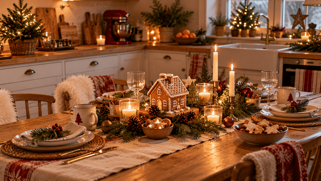 Festlich gedeckter Küchentisch mit Leinenläufer, Tannenzweigen, Kerzen, Lebkuchenhaus, weihnachtlichem Geschirr und kleinen Schalen mit Nüssen und Gebäck.
