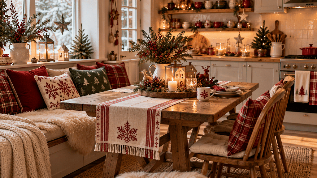 Weihnachtliche Küche mit gemütlicher Sitzbank, roten und dunkelgrünen Kissen, Plaidmustern, Felloptik-Decke, festlichen Geschirrtüchern sowie winterlicher Tischdeko aus Tannengrün, Kerzen und Zapfen.