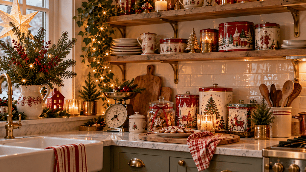 Weihnachtliche Vintage-Küche mit rot-weißen Blechdosen, nostalgischem Weihnachtsporzellan, Krug mit Tannenzweigen, Plätzchen, Kerzen und warmen Lichterketten auf offenen Holzregalen.