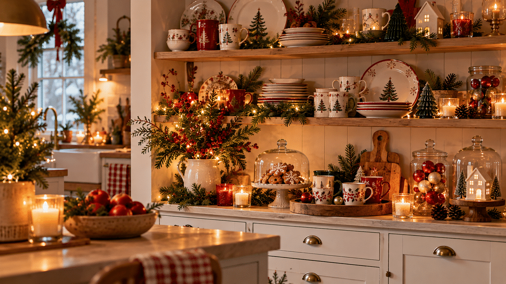 Weihnachtlich dekorierte Küche mit festlichem Geschirr auf offenen Regalen, Tannenzweigen, Lichterketten, Kerzen, Glasglocken mit Christbaumkugeln und einem Dekotablett mit Tassen.