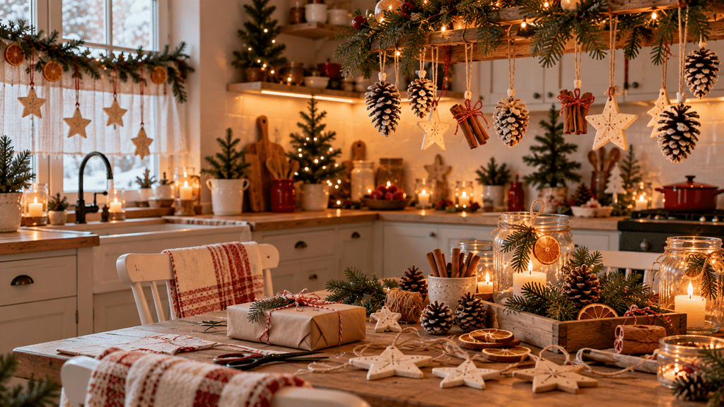 Weihnachtlich dekorierte Küche mit selbstgemachten Salzteigsternen, weiß bemalten Tannenzapfen, Zimtstangen-Anhängern und leuchtenden DIY-Gläsern, ergänzt durch Tannengrün, Holz und warme Naturtöne.