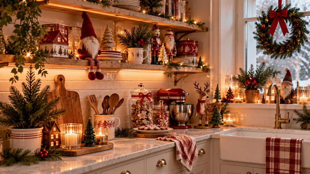 Weihnachtlich dekorierte Küche mit Wichtel- und Nikolausfiguren, Rentierdeko, roten Plätzchendosen, Tannengrün, Kerzen und warmen Lichterketten auf Regalen und Arbeitsflächen.