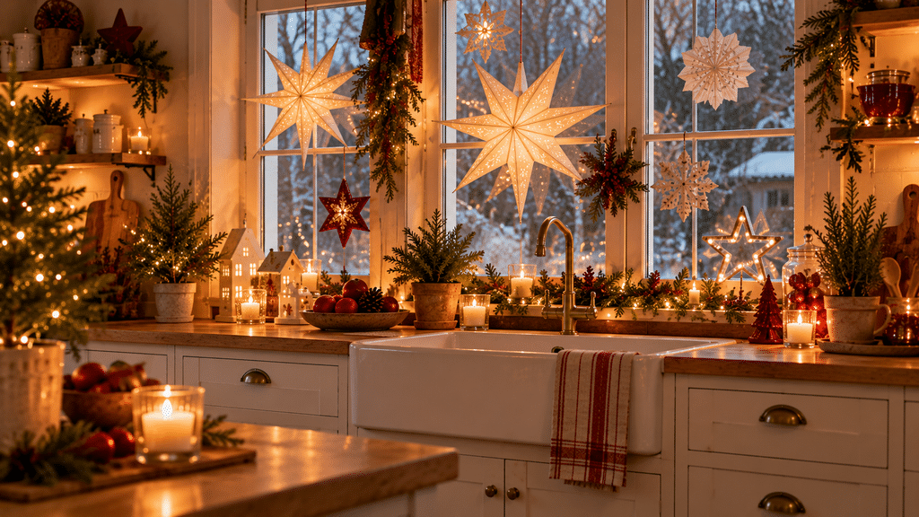 Weihnachtlich dekoriertes Küchenfenster mit leuchtenden Papiersternen, Schneeflocken, warmweißen Lichterketten, Tannengrün und Kerzen vor winterlicher Kulisse.