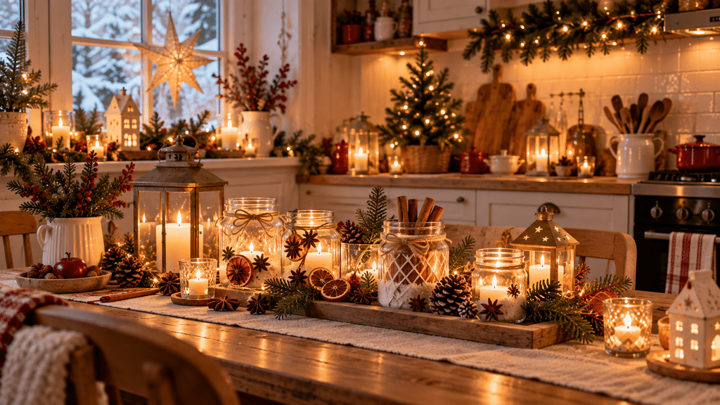 Weihnachtliche Küche mit leuchtenden Windlichtern aus Einmachgläsern, Kunstschnee, Zimtstangen und Sternanis sowie dekorativen Metalllaternen, Tannengrün, Zapfen und warmem Kerzenschein.