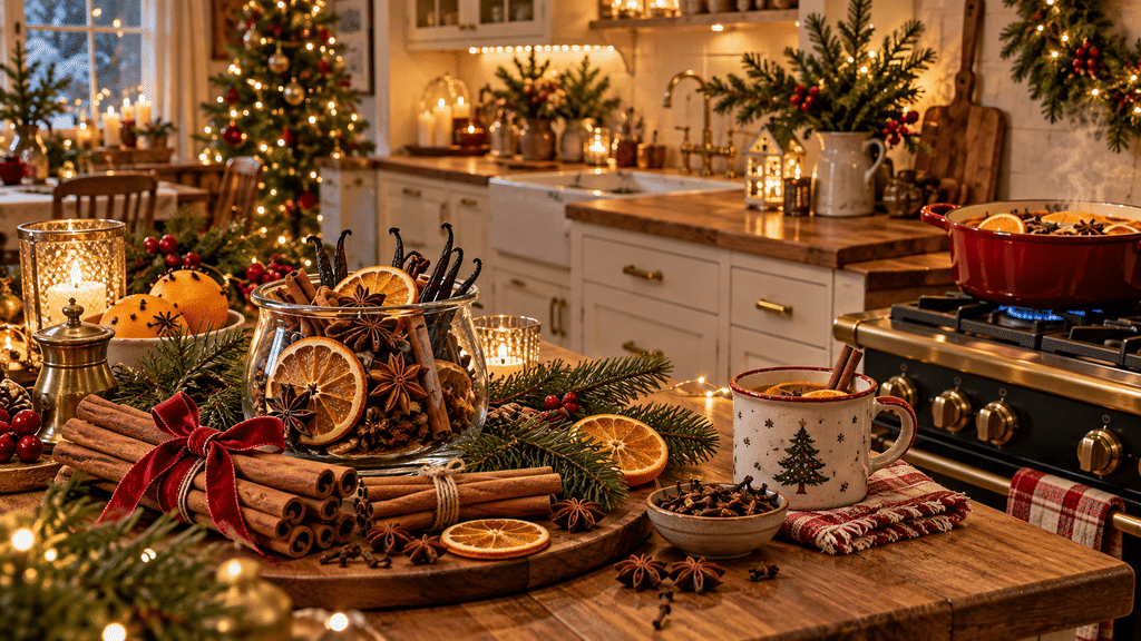 Weihnachtlich dekorierte Küche mit Zimtstangen, Sternanis, Nelken, Vanilleschoten und getrockneten Orangenscheiben in einer Glasschale sowie duftendem Gewürztee auf dem Herd.