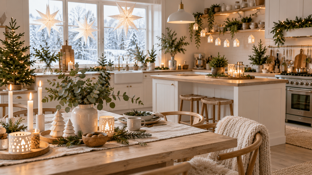 Skandinavische Weihnachtsküche in Weiß und Tannengrün mit Papiersternen am Fenster, Eukalyptus in einer hellen Vase, weißen Kerzen, kleinen Lichthäusern und natürlichen Holzaccessoires.