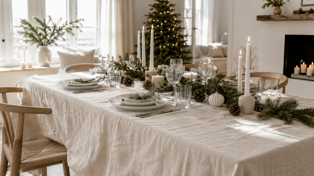 Skandinavische Weihnachtstafel mit heller, leicht geknitterter Leinentischdecke, weißen Tellern, klaren Gläsern, Tannenzweigen, Zapfen und weißen Kerzen.