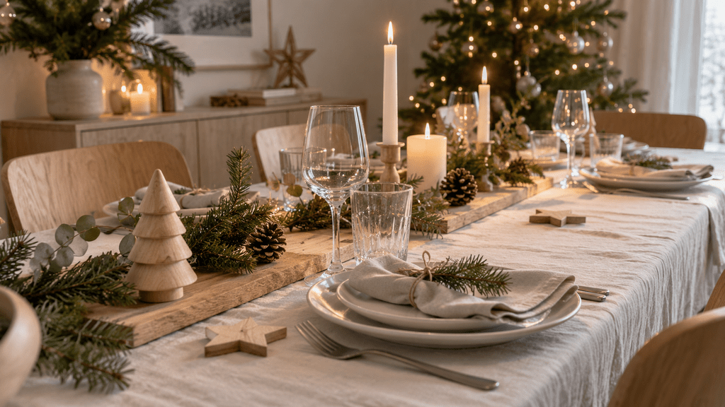 Skandinavische Weihnachtstafel mit heller Leinentischdecke, weißen Tellern, Tannenzweigen, Kerzen sowie Holzsternen und kleinen Weihnachtsbäumen aus hellem Holz.